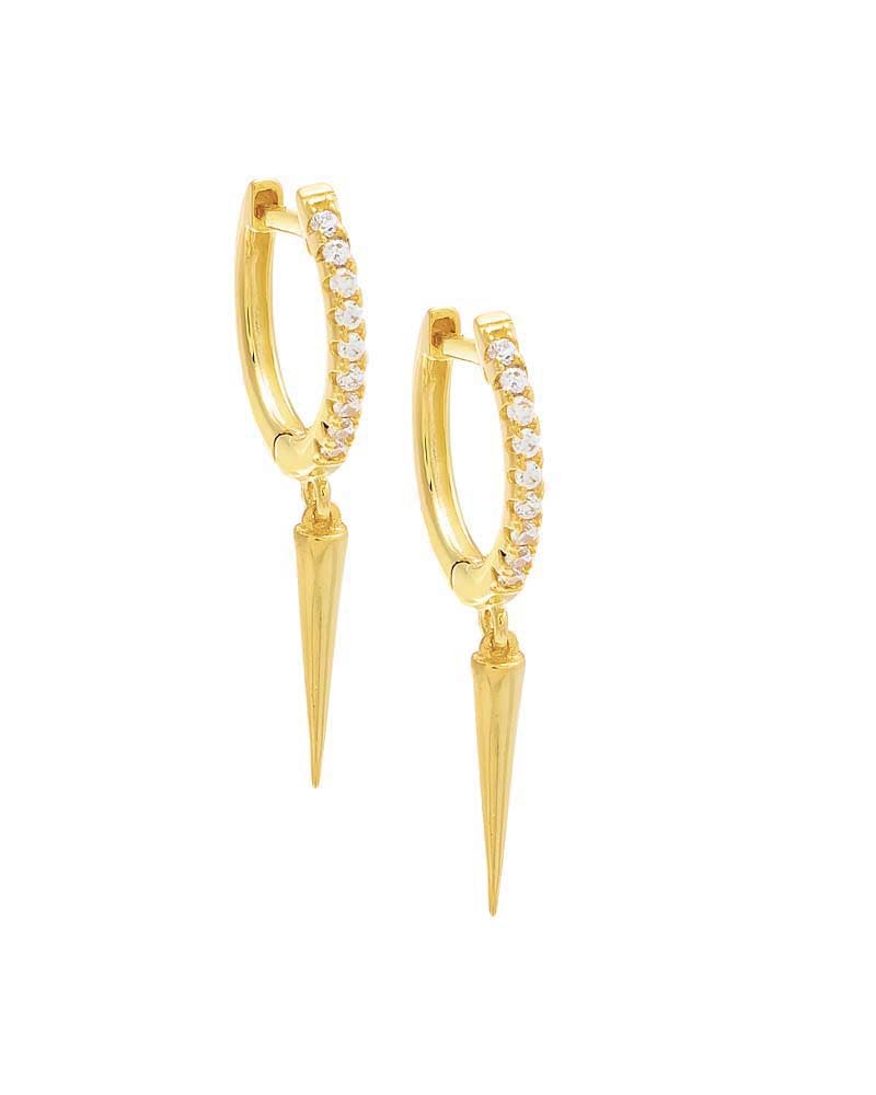 Front of a size One Size Pavé Dangling Spike Huggie Earring Gold One Size in Gold by By Adina Eden. | dia_product_style_image_id:292431
